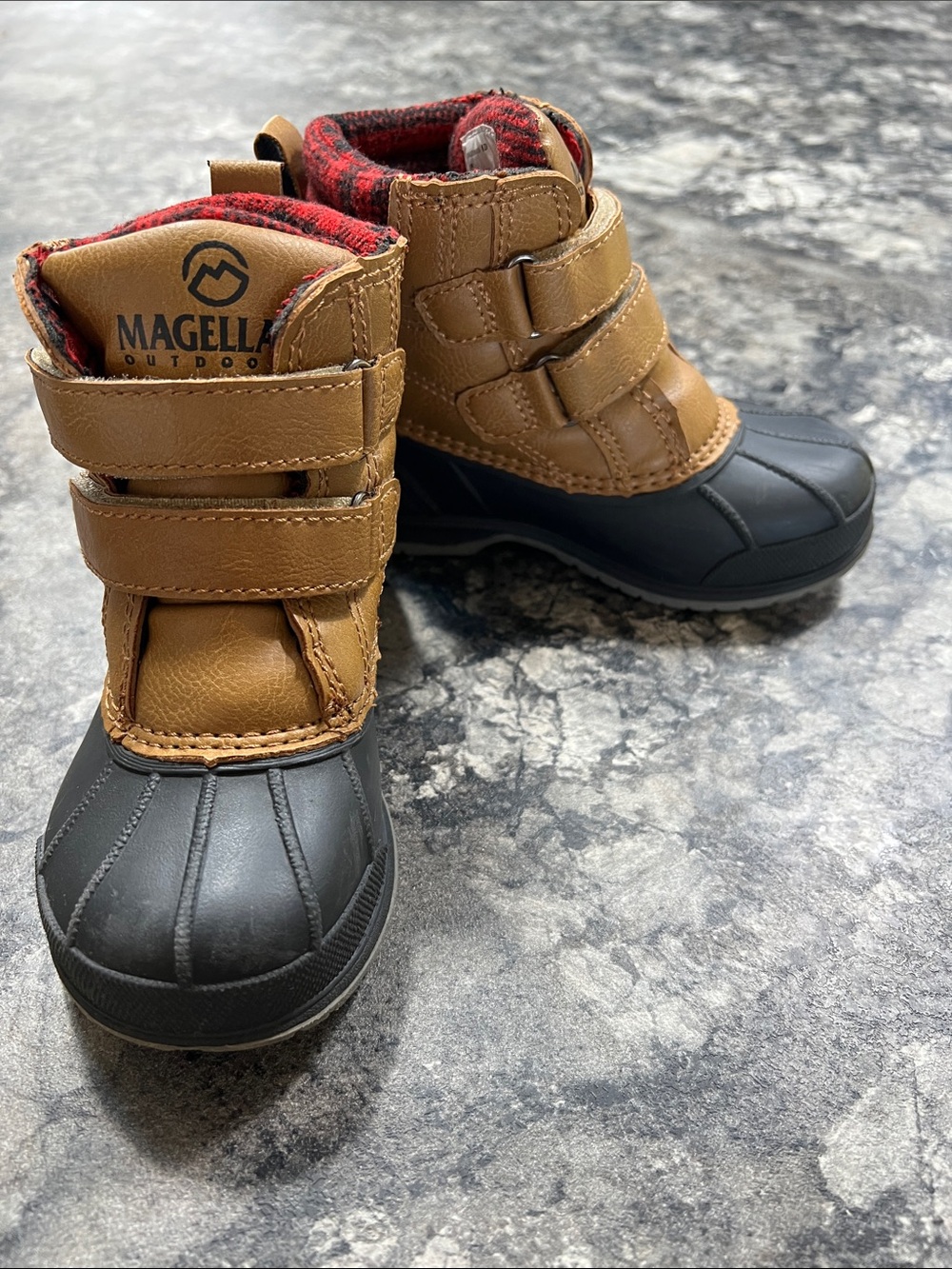 Magellan Outdoors Kids Tan and Black Waterproof Snow Boots with Red Lining